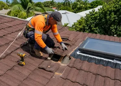 Terracotta tiled roof undergoing restoration work in Darwin
