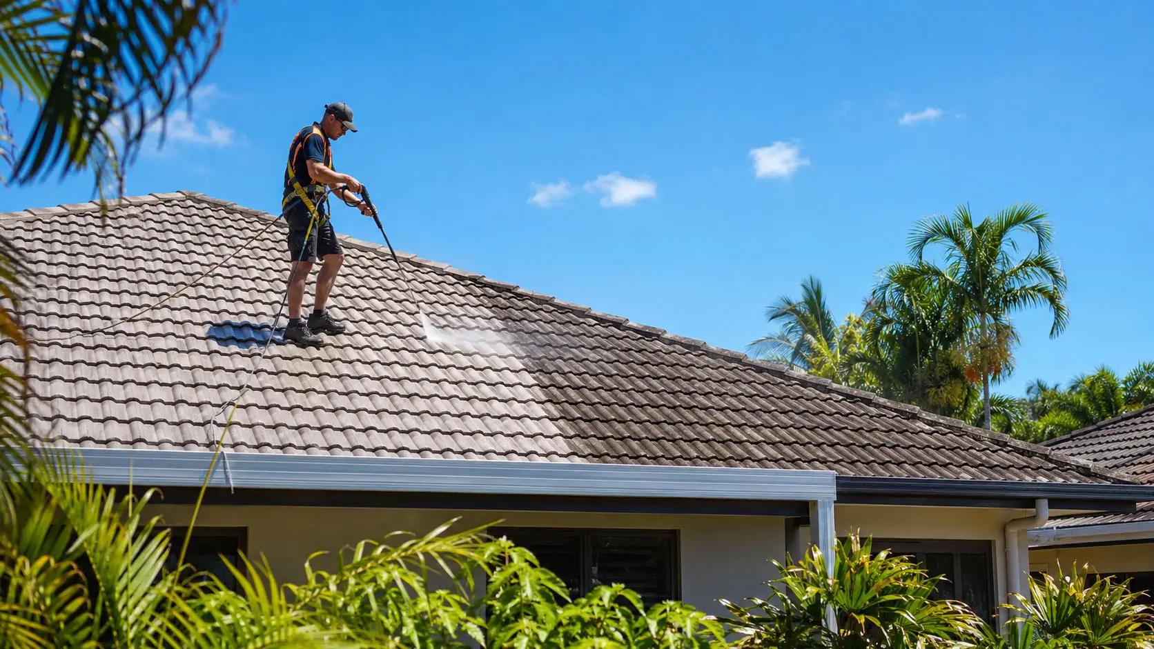 Roof Cleaning Services Darwin Professional roof cleaning being carried out on a tiled roof in Darwin