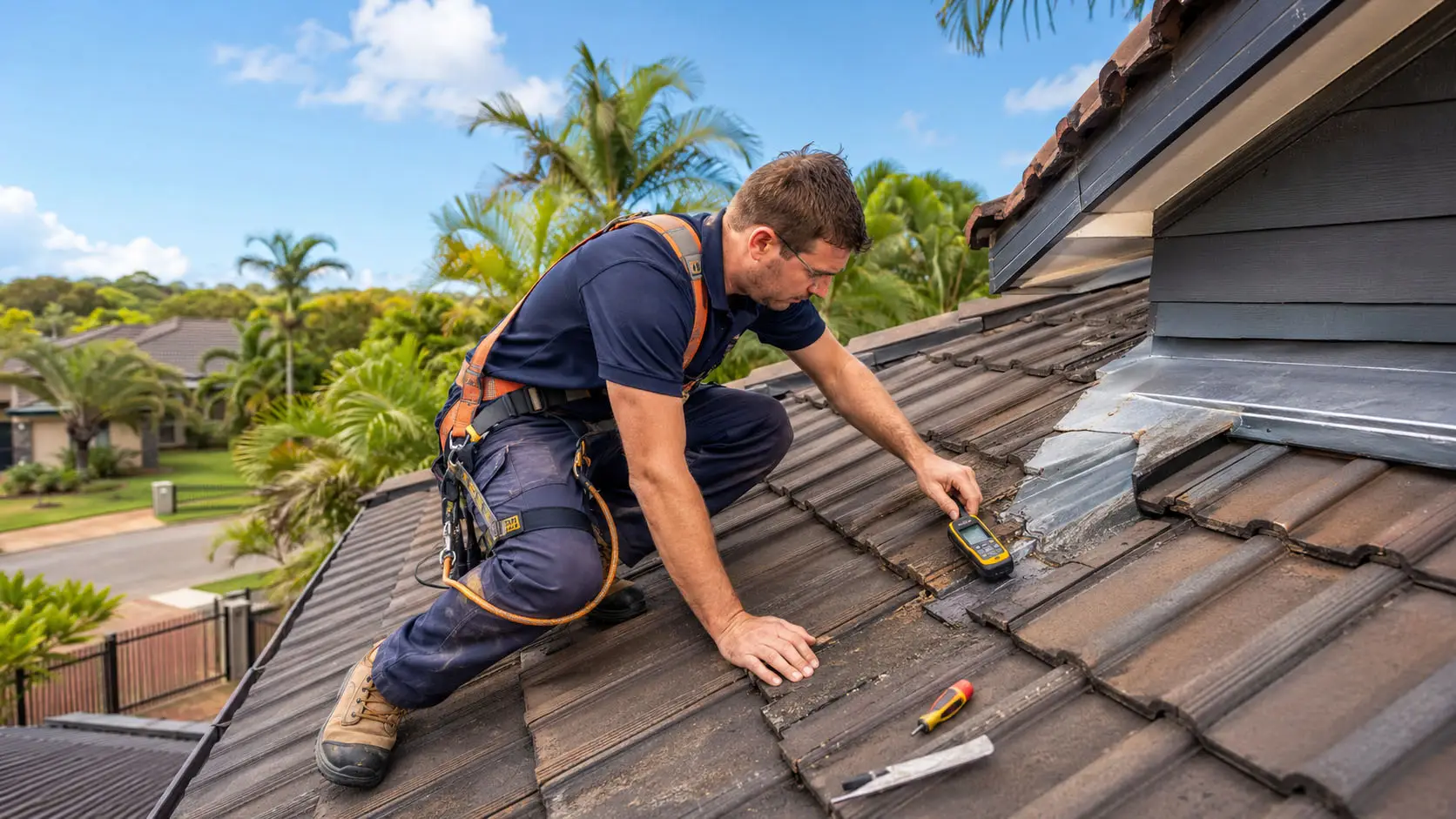 Roof Repairs and Leak Detection Services Darwin Roofer inspecting a tiled roof for leaks and repair work in Darwin