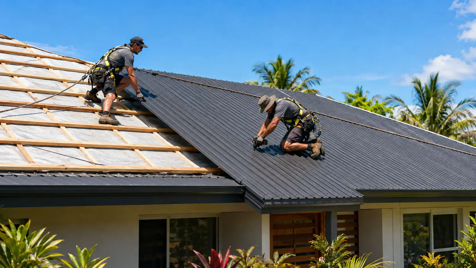 Roof Replacement Services Darwin Roofing team installing new metal roofing on a residential home in Darwin