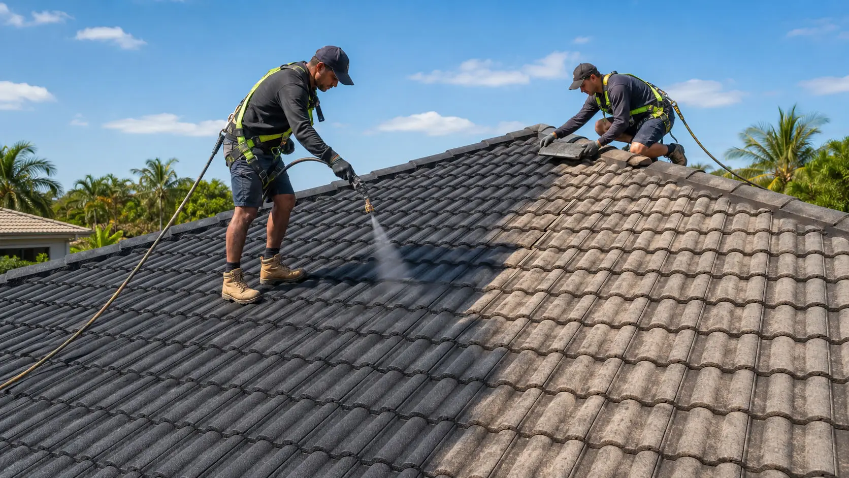 Roof Restoration Services Darwin Roof restoration work being carried out on a tiled roof in Darwin